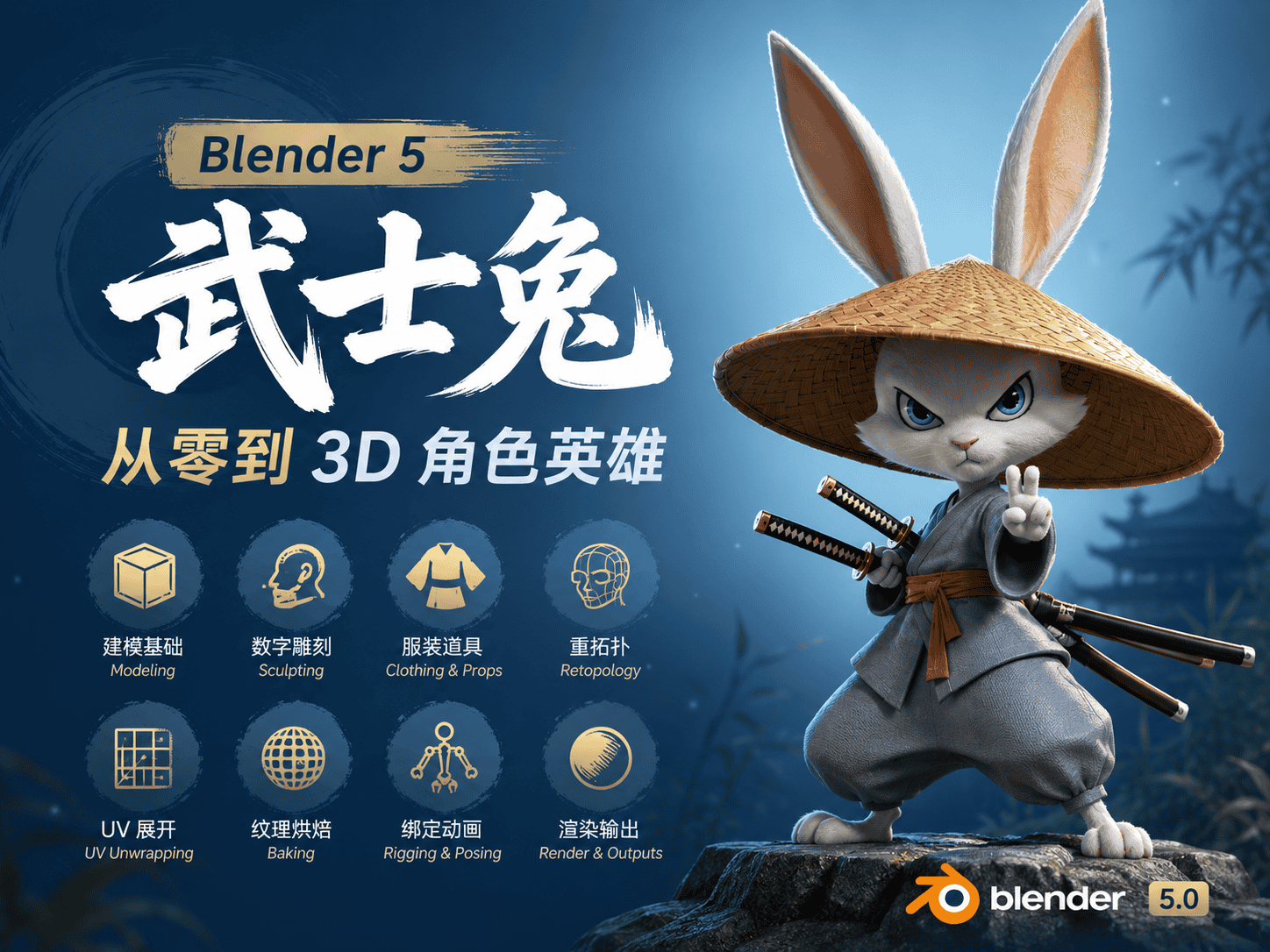 Blender 5 武士兔：从零到 3D 角色英雄-CG Tuto