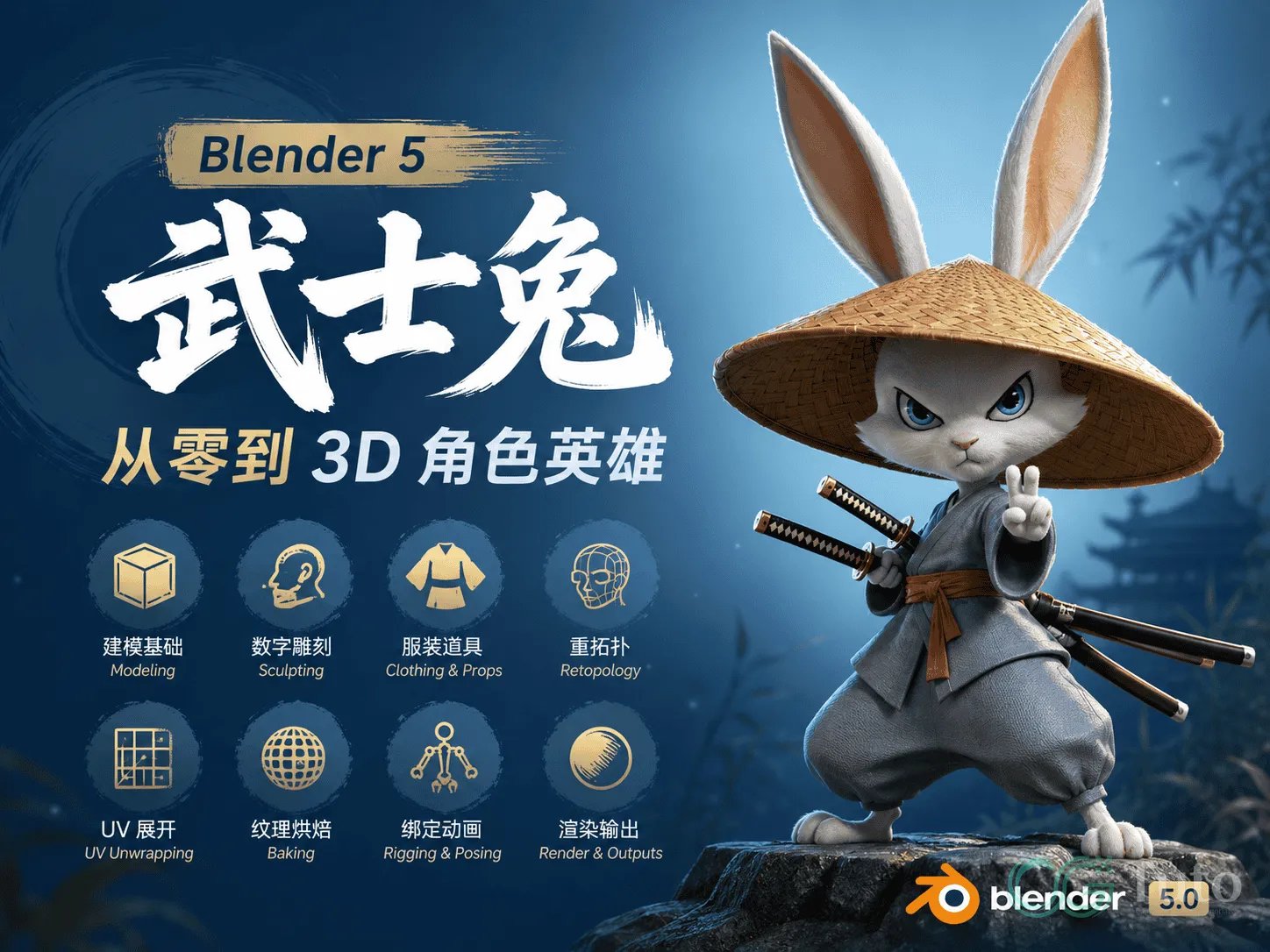 图片[1]-Blender 5 武士兔：从零到 3D 角色英雄-CG Tuto
