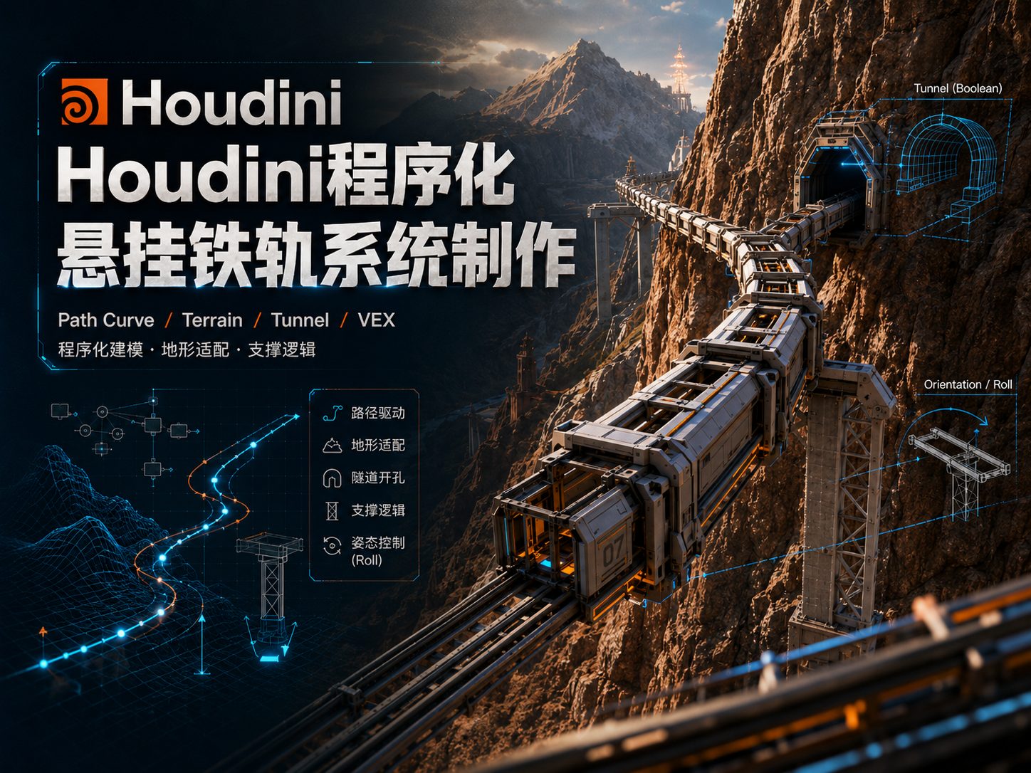 Houdini程序化悬挂铁轨系统制作-CG Tuto