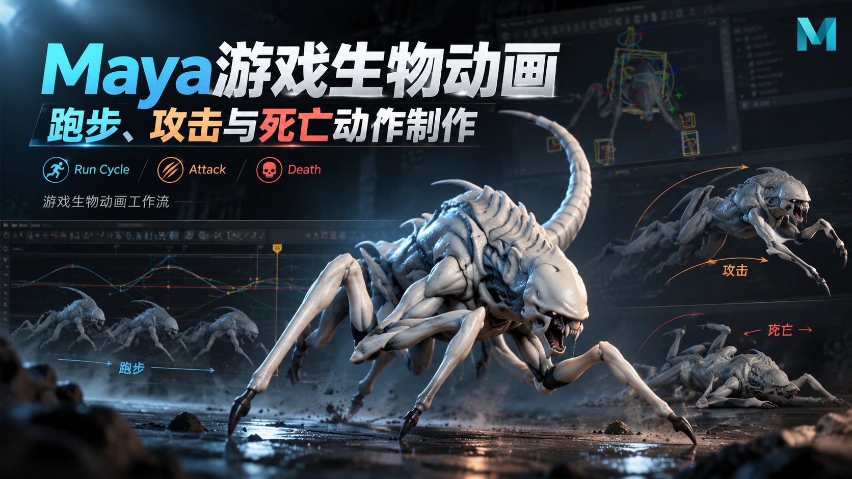 Maya游戏生物动画：跑步、攻击与死亡动作制作-CG Tuto